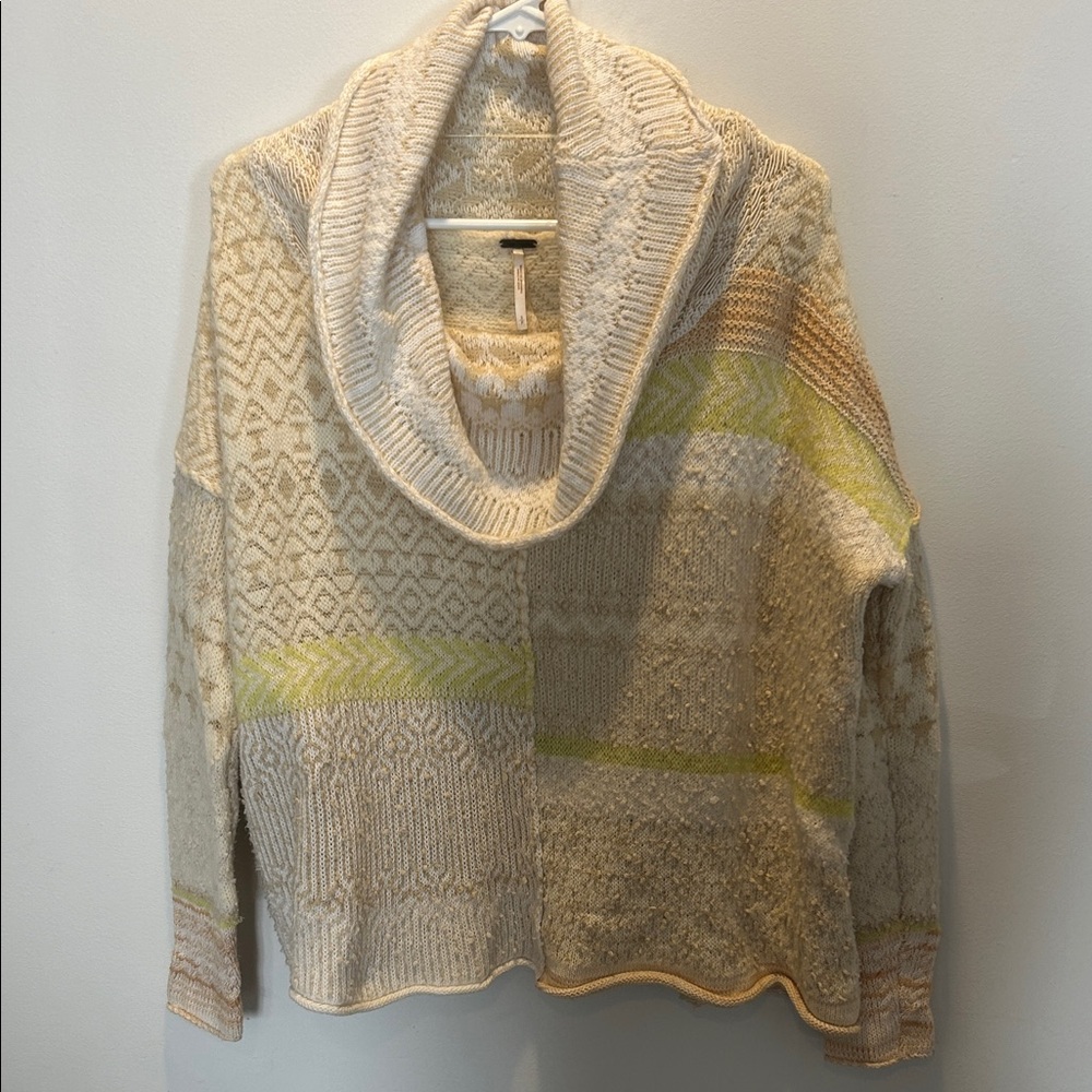 Free People Cream and Tan Cowl Neck Sweater